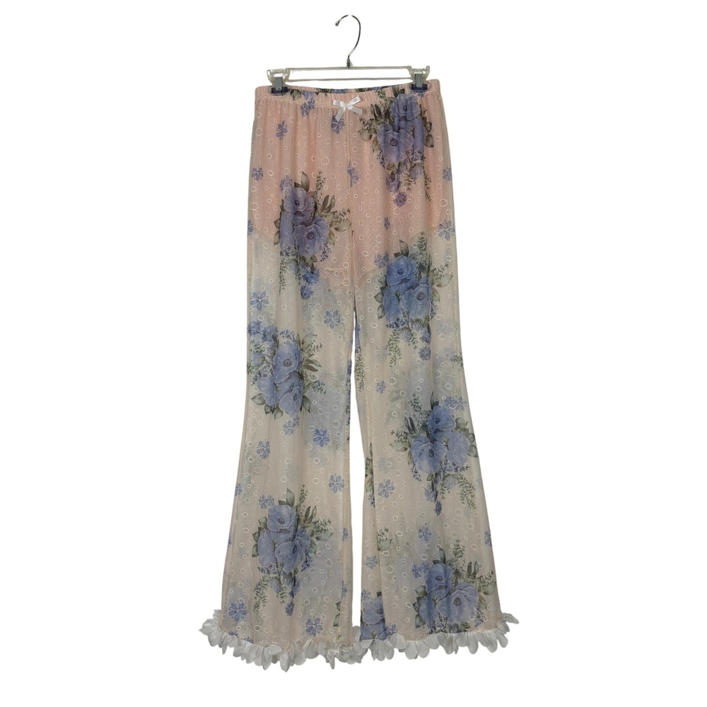 Floral Mesh Ruffle Lounge Pants Women SMALL Pink Blue Cottagecore Feminine Fairy